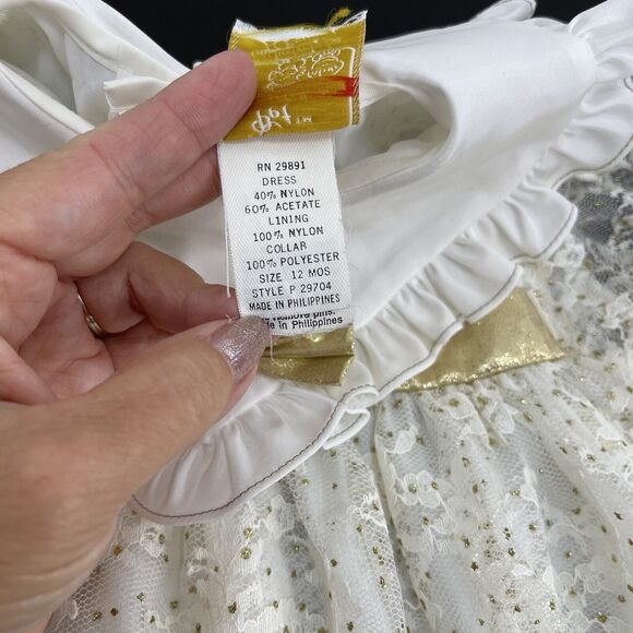 Vintage Nana’s Pet Designer Lace Ivory Gold Satin Dress 12 Months Wedding Lovely - Picture 5 of 9